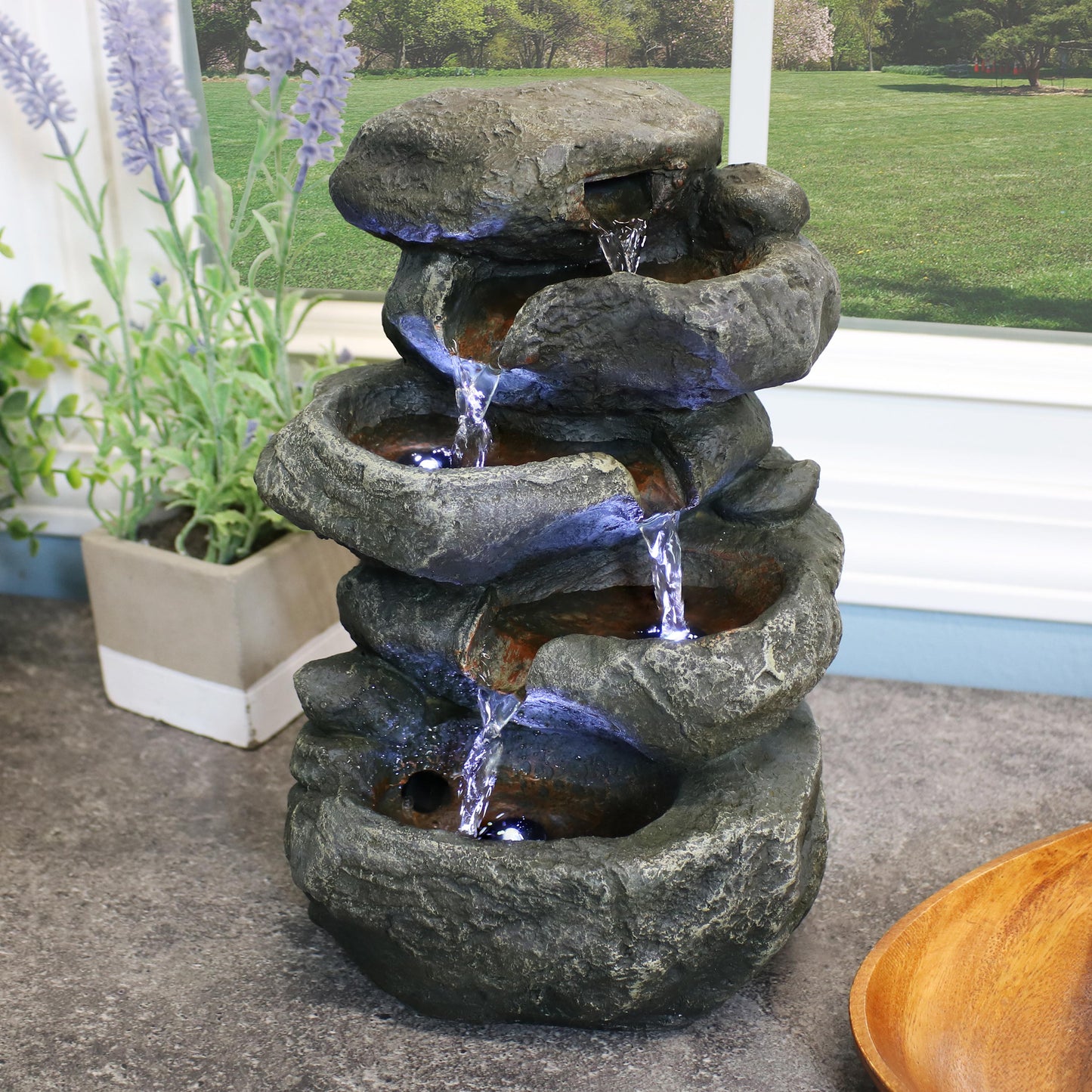 Stacked Rock Waterfall Fountain with LED Lights - 10'