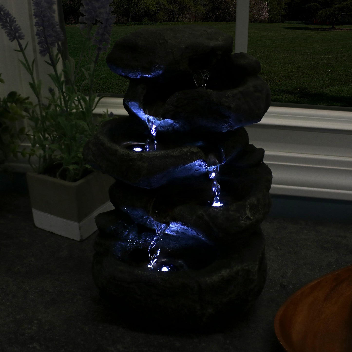 Stacked Rock Waterfall Fountain with LED Lights - 10'