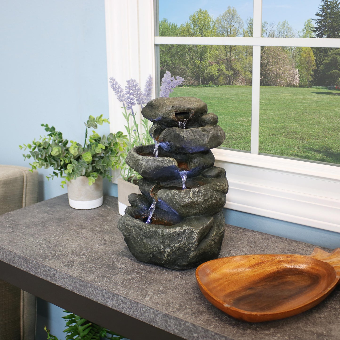 Stacked Rock Waterfall Fountain with LED Lights - 10'