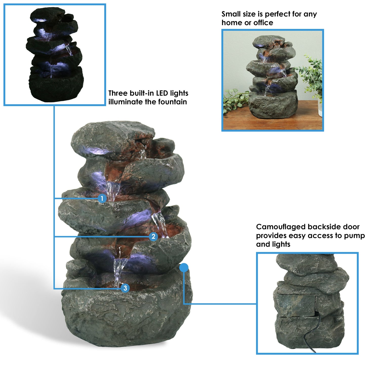 Stacked Rock Waterfall Fountain with LED Lights - 10'