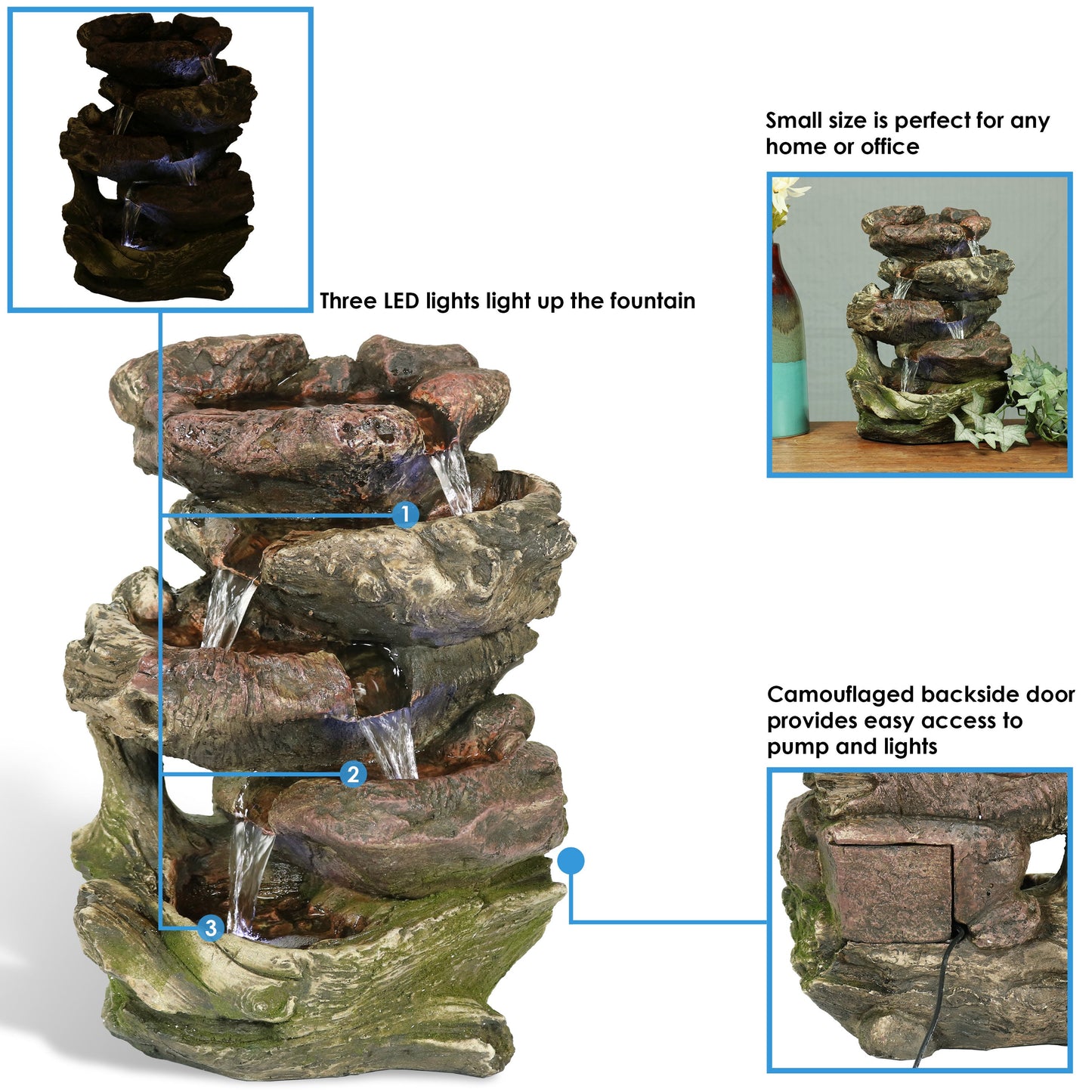 5-Step Rock Falls Tabletop Water Fountain with LED Lights - 14'