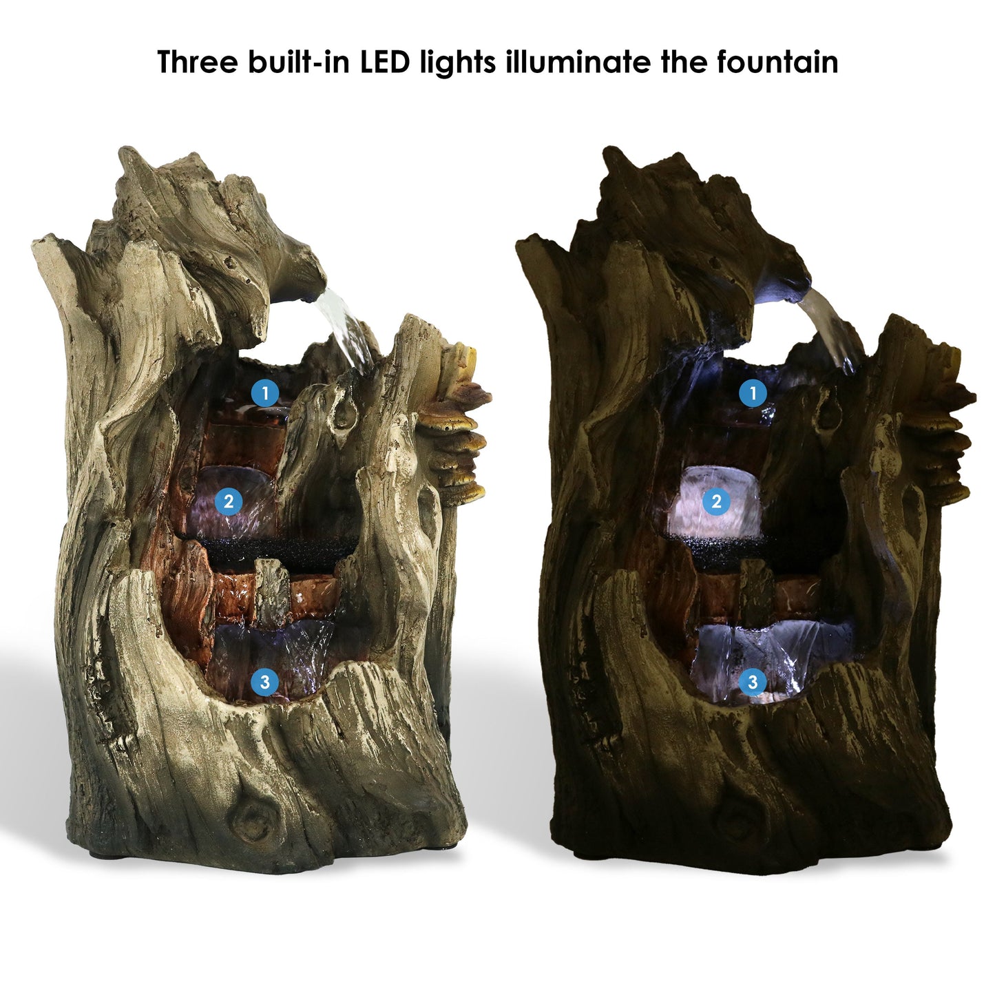 Cascading Caves Tree Trunk Waterfall Fountain with LED Lights - 14'