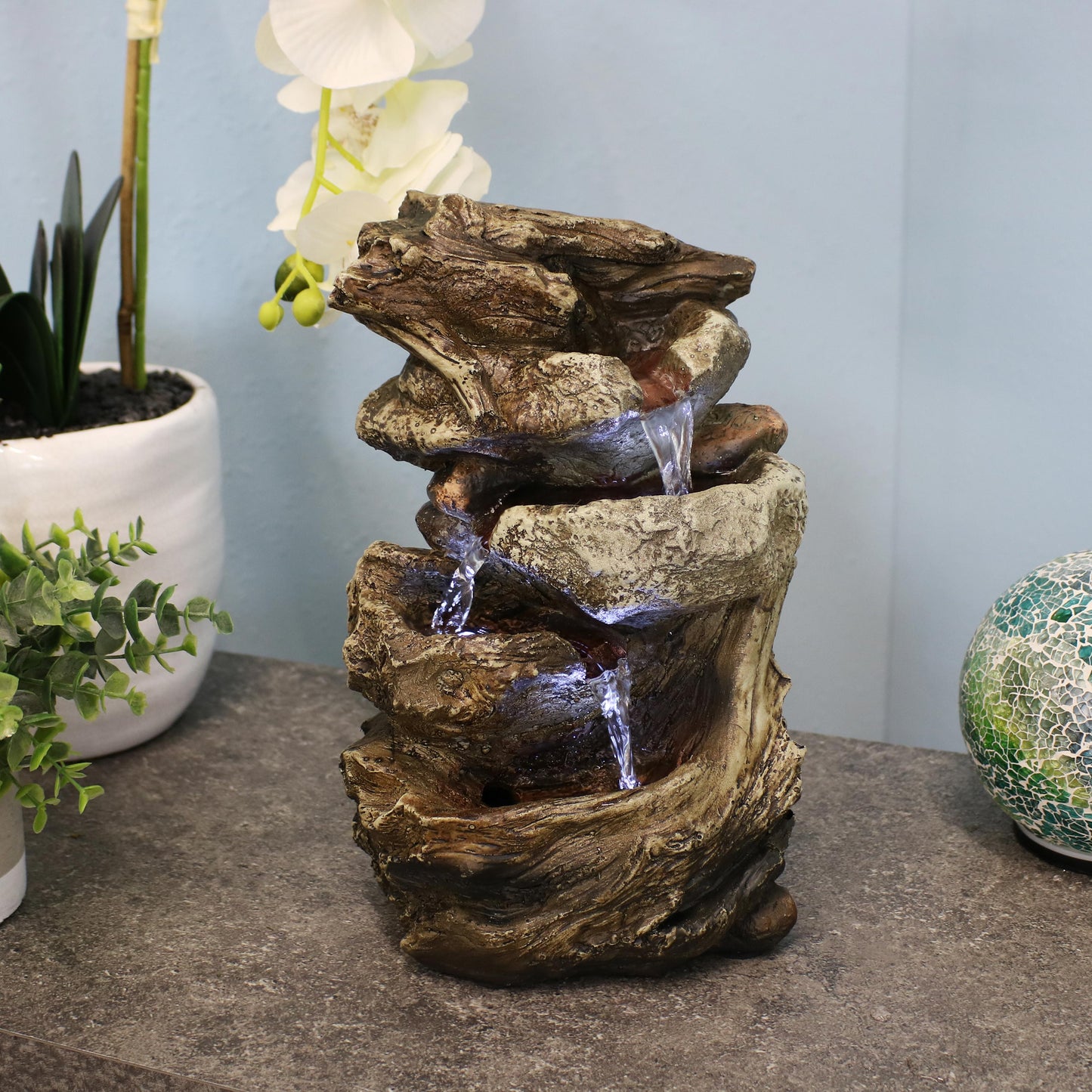 Tiered Rock & Log Indoor Waterfall Fountain with LED Lights - 10'