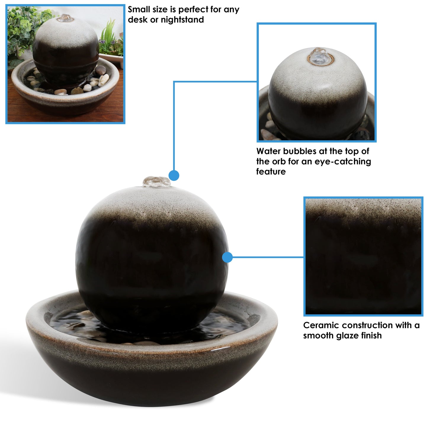 Ceramic Tabletop Water Fountain with Modern Orb Design - 7'