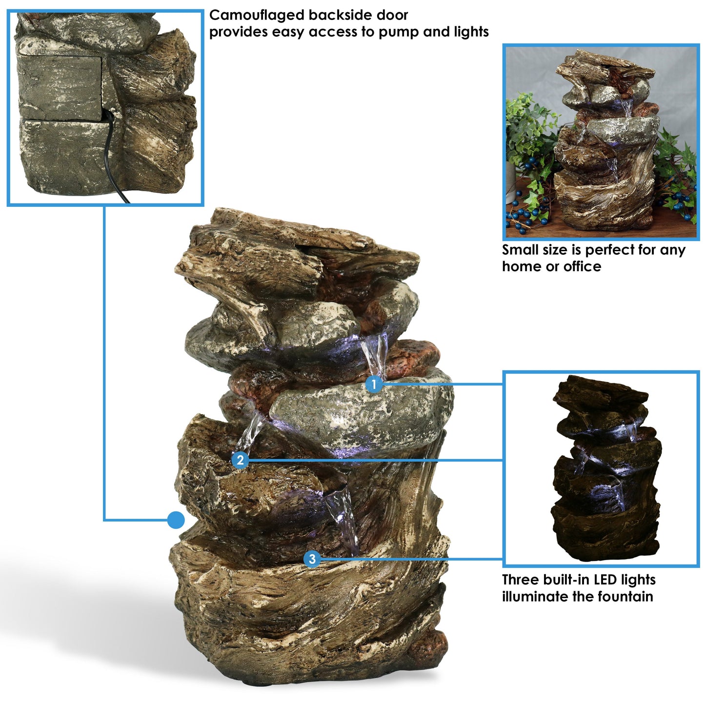 Tiered Rock & Log Indoor Waterfall Fountain with LED Lights - 10'