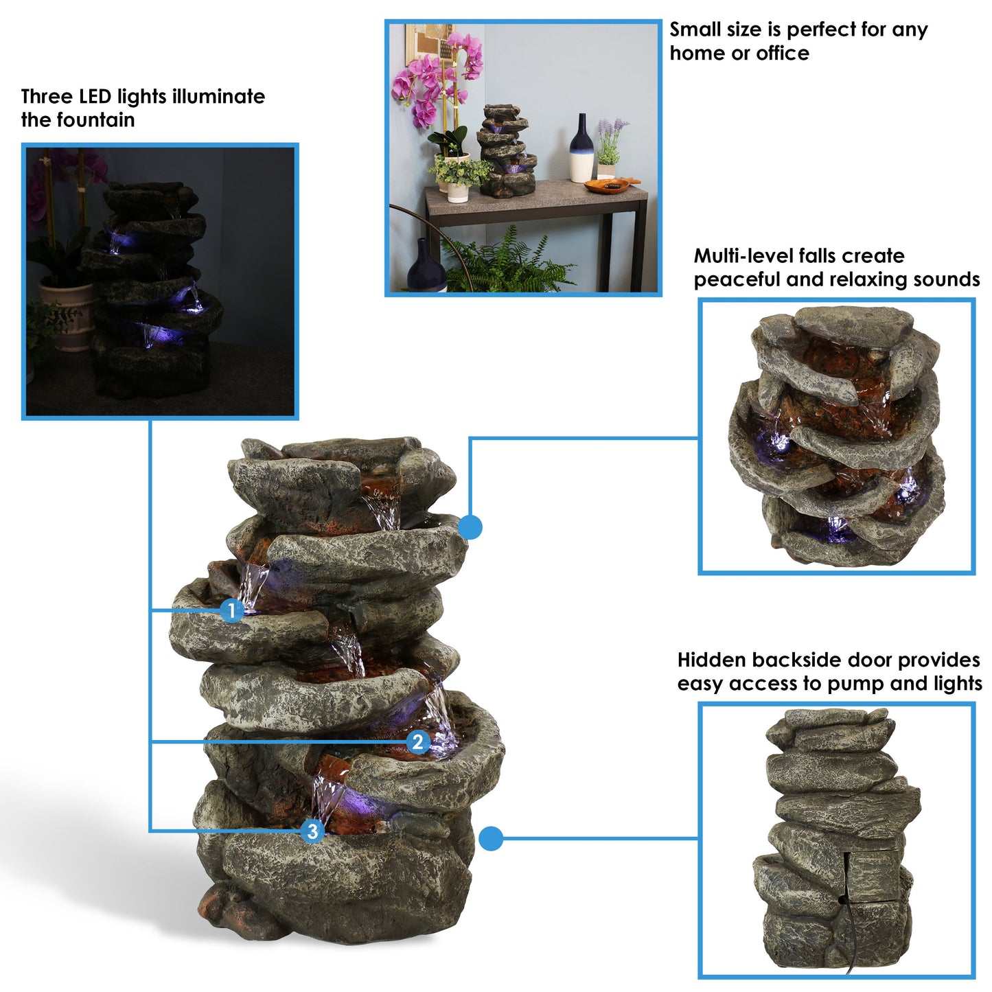 6-Tier Stone Falls Indoor Tabletop Fountain with LED Light - 15'