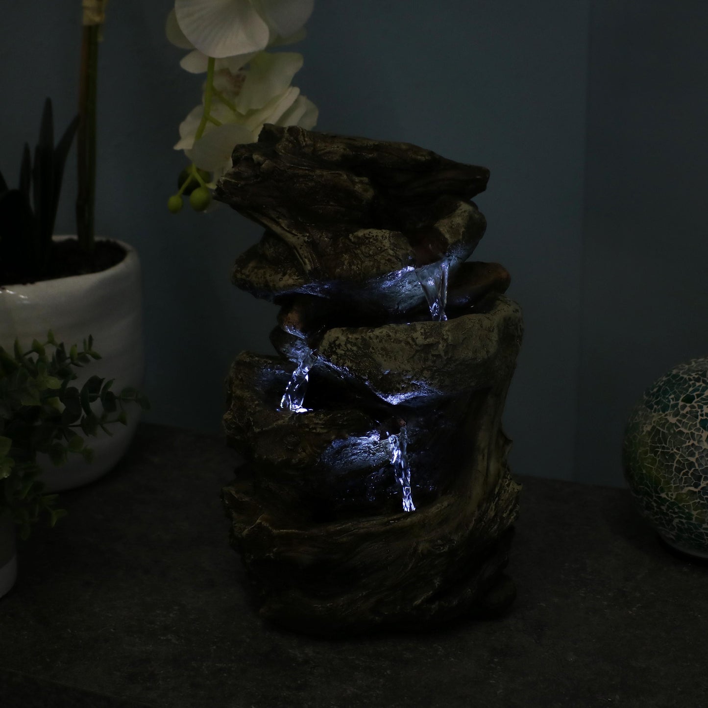 Tiered Rock & Log Indoor Waterfall Fountain with LED Lights - 10'