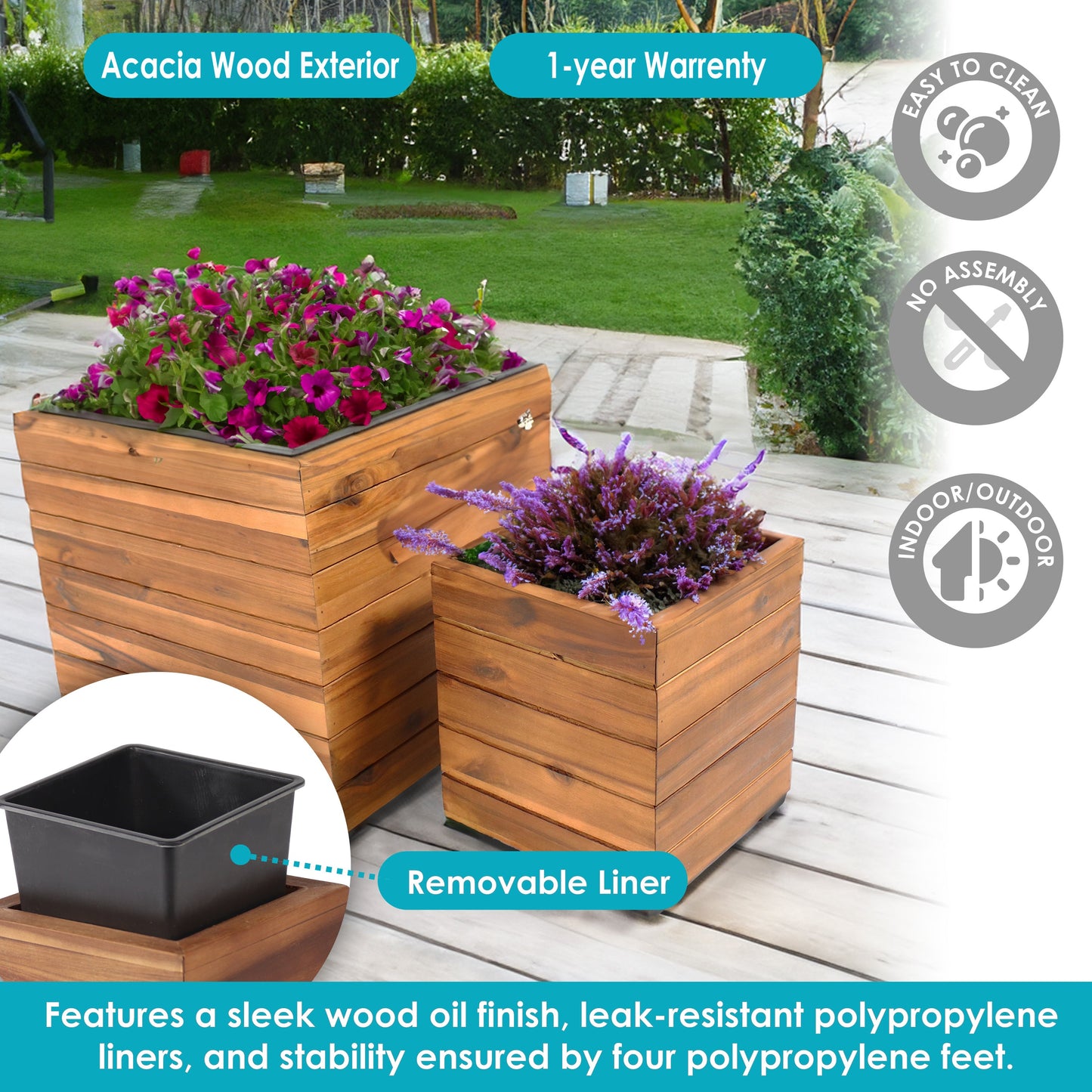 2-Piece Wooden Planter Boxes with Plastic Liners