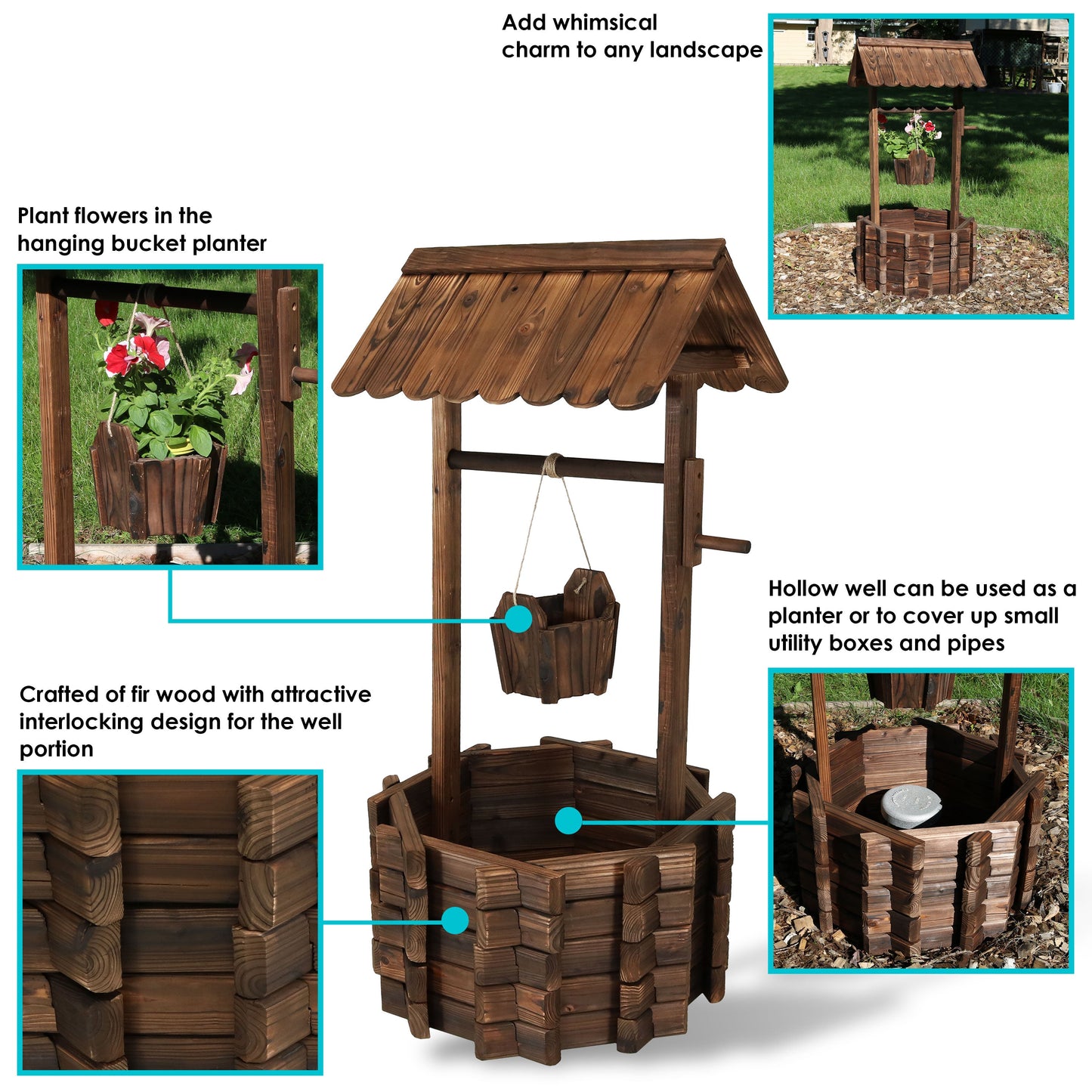 Wooden Garden Wishing Well Planter Cover for Outside - 45' H