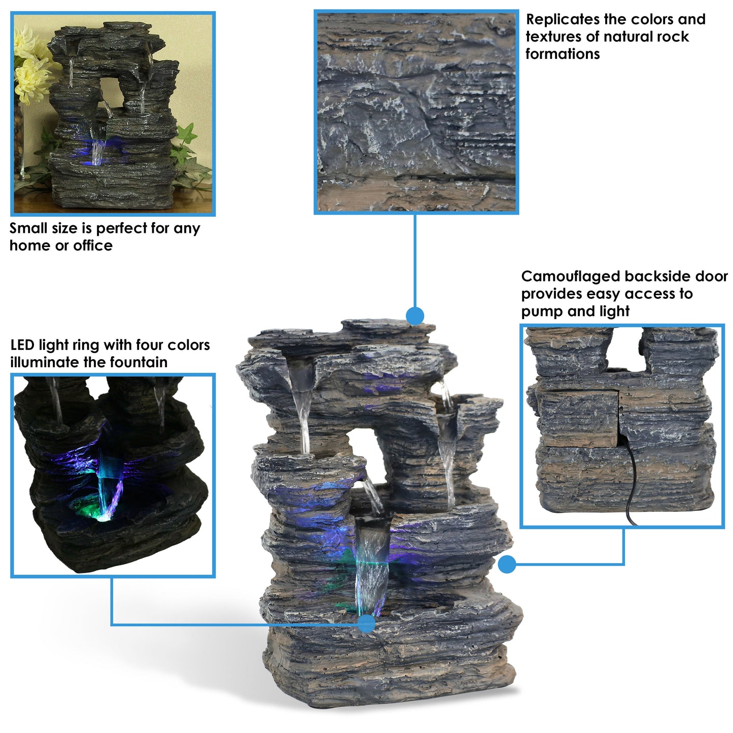 Five Stream Rock Cavern Indoor Tabletop Water Fountain with LED Lights - 13'