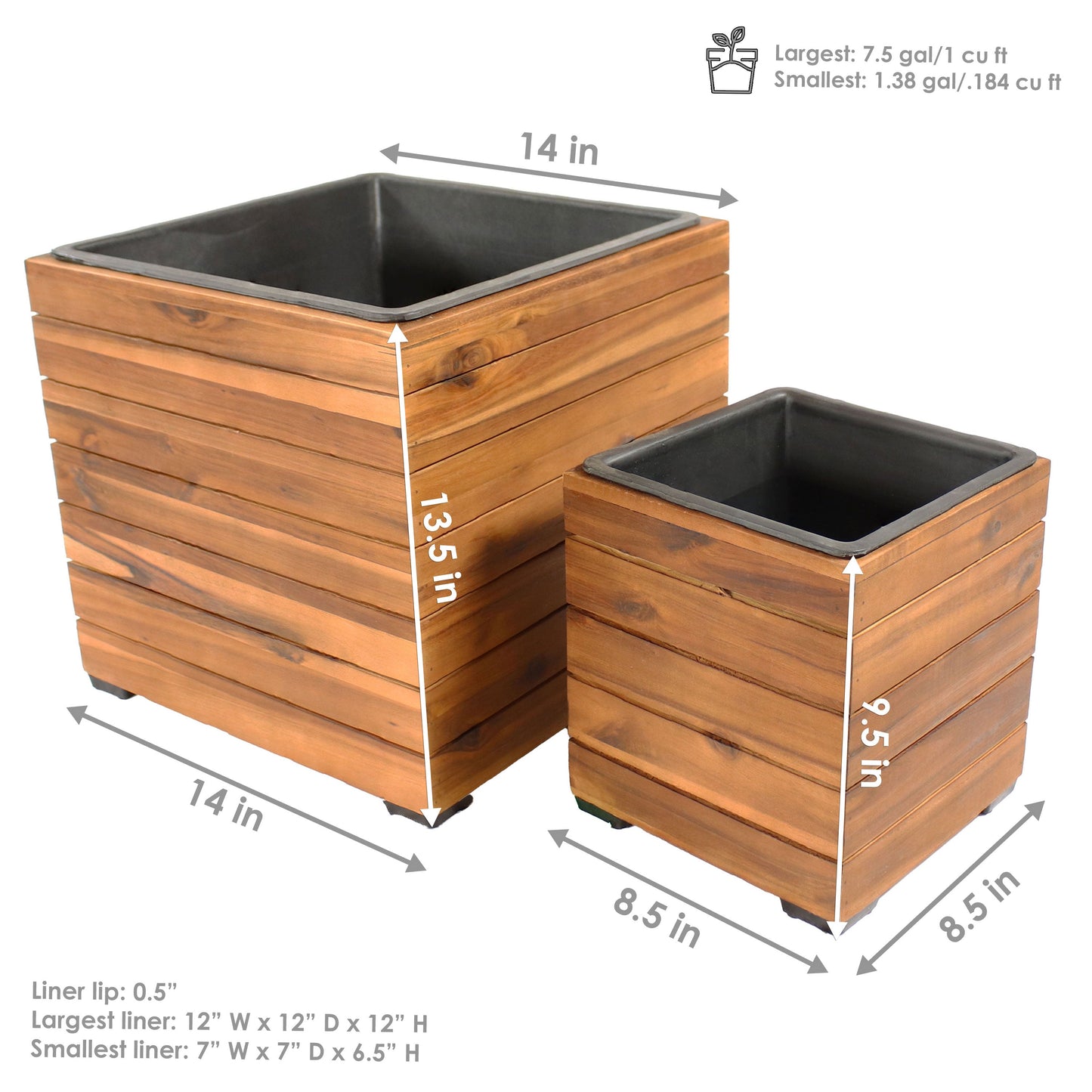 2-Piece Wooden Planter Boxes with Plastic Liners