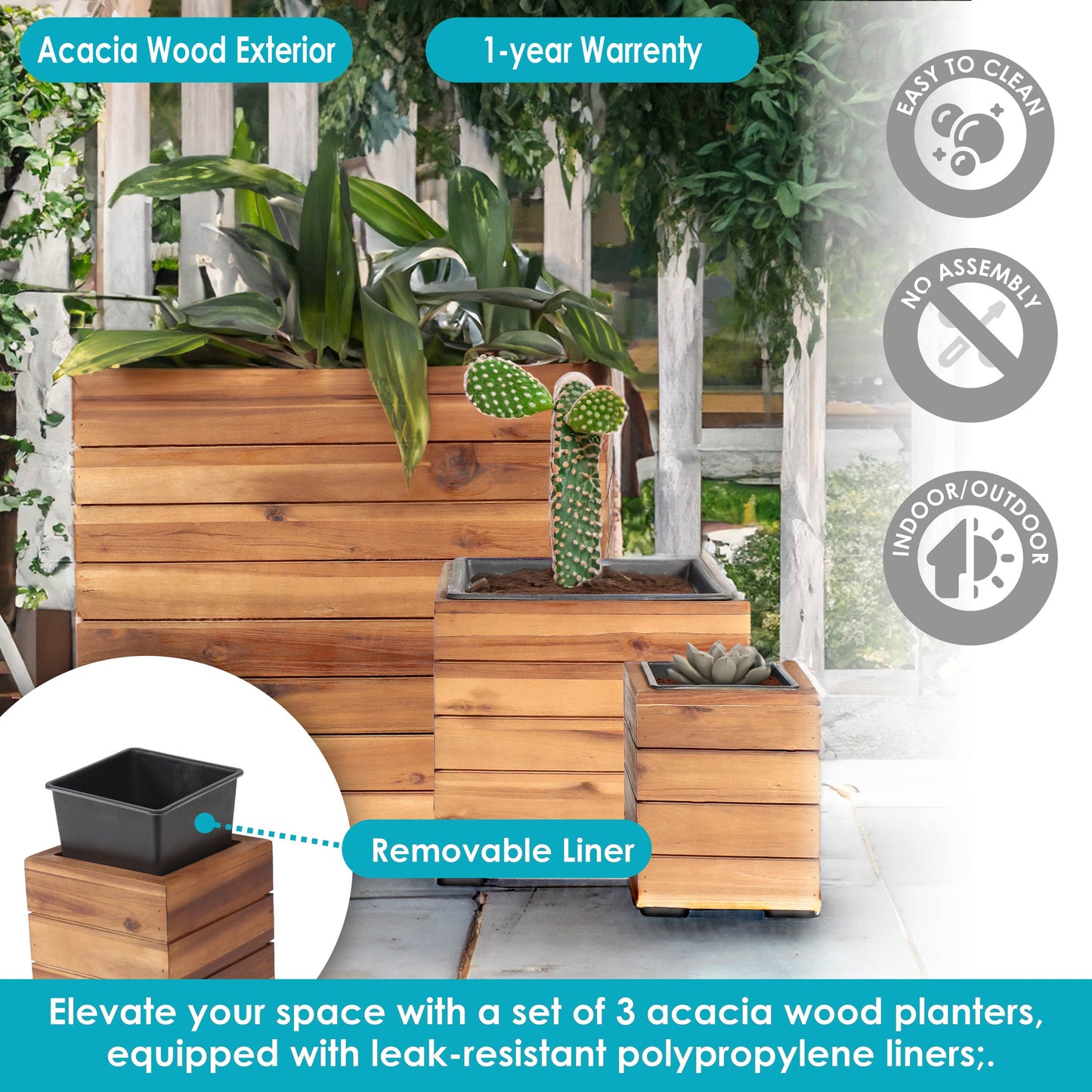 3-Piece Square Wooden Planter Boxes with Plastic Liners