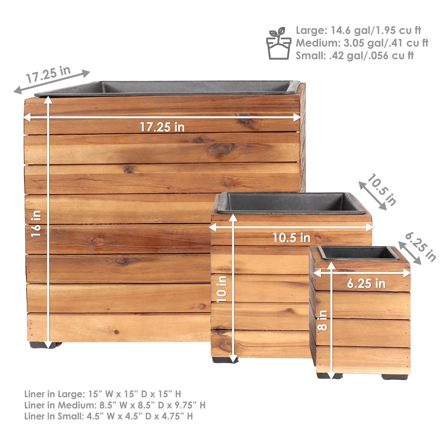 3-Piece Square Wooden Planter Boxes with Plastic Liners