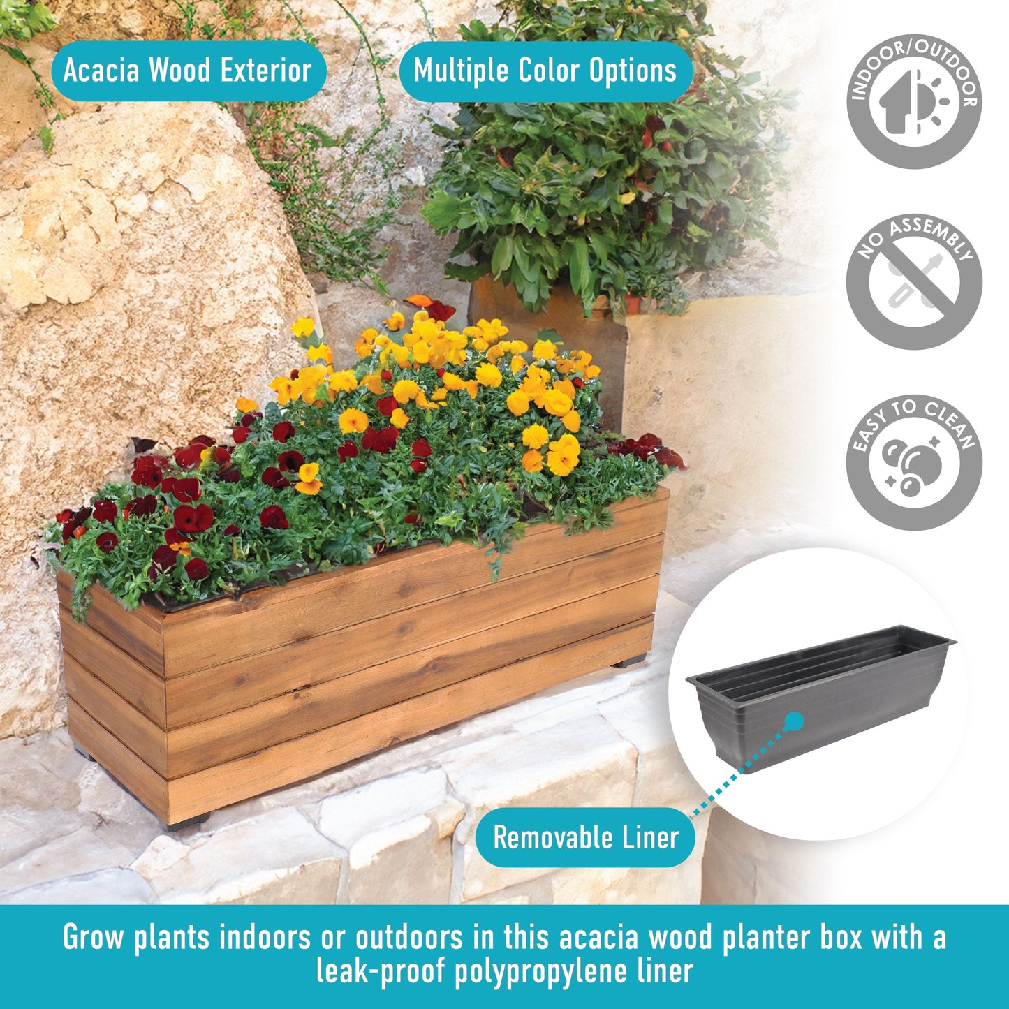 Rectangular Wood Planter Box with Plastic Liner