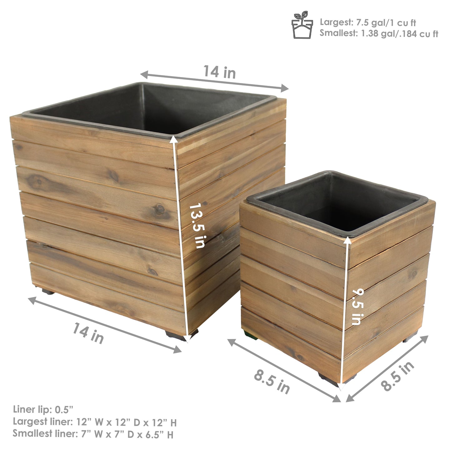 2-Piece Wooden Planter Boxes with Plastic Liners