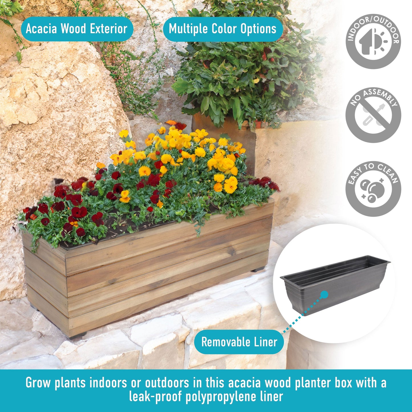 Rectangular Wood Planter Box with Plastic Liner
