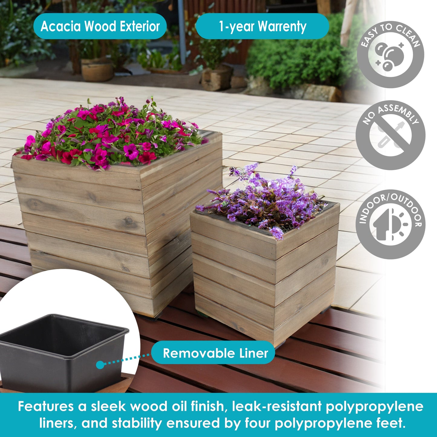2-Piece Wooden Planter Boxes with Plastic Liners