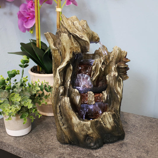 Cascading Caves Tree Trunk Waterfall Fountain with LED Lights - 14'