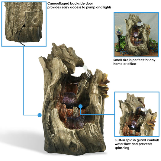 Cascading Caves Tree Trunk Waterfall Fountain with LED Lights - 14'