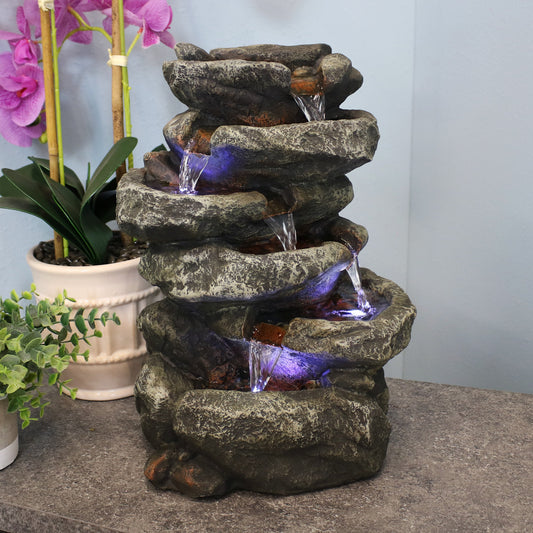 6-Tier Stone Falls Indoor Tabletop Fountain with LED Light - 15'