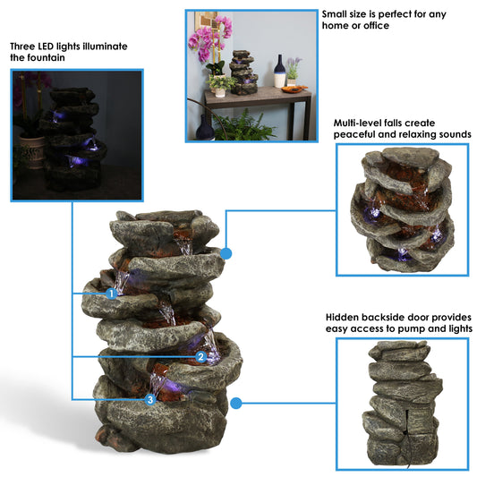 6-Tier Stone Falls Indoor Tabletop Fountain with LED Light - 15'
