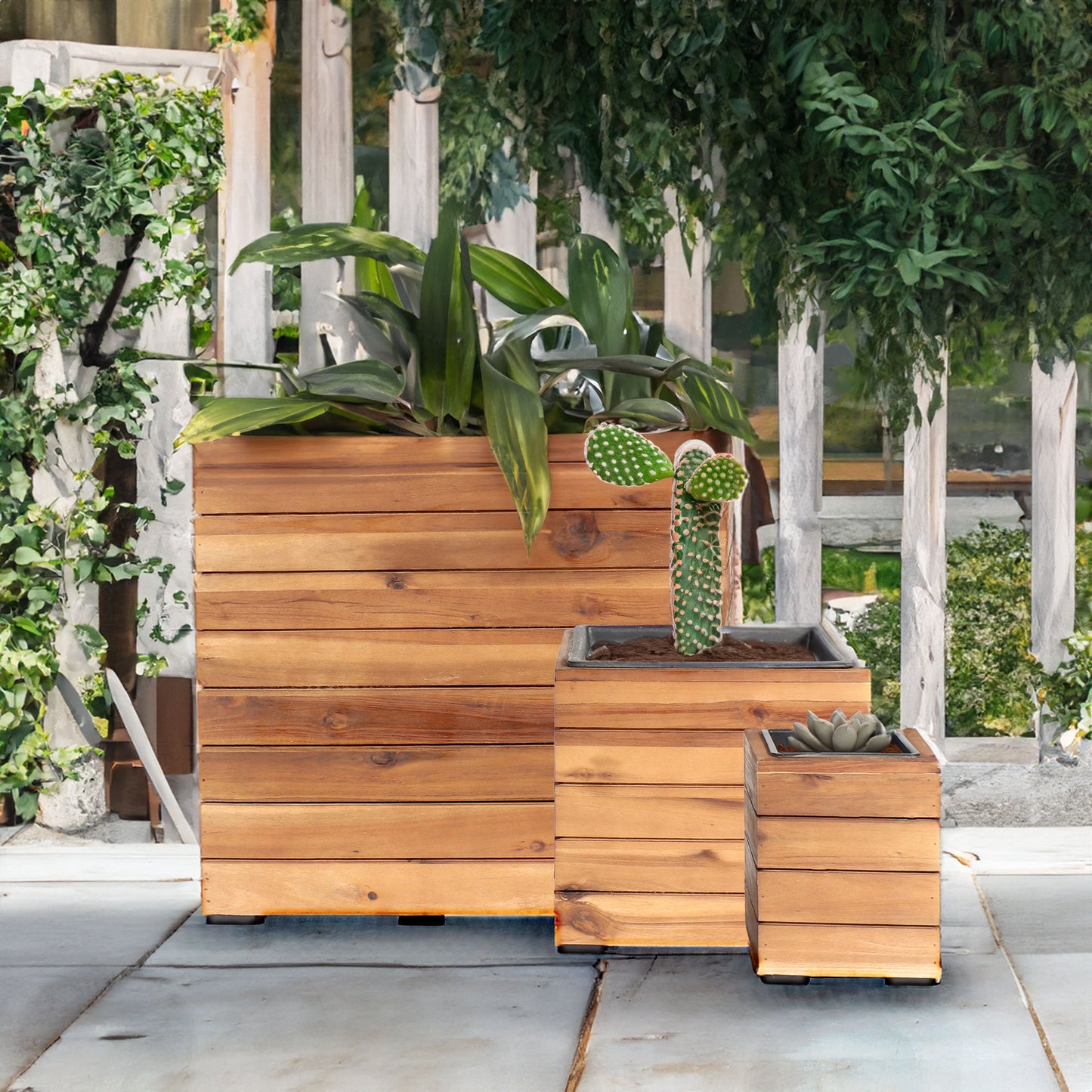 3-Piece Square Wooden Planter Boxes with Plastic Liners