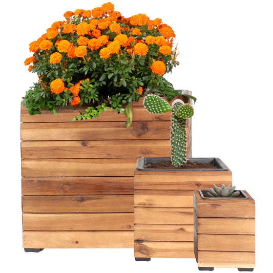 3-Piece Square Wooden Planter Boxes with Plastic Liners