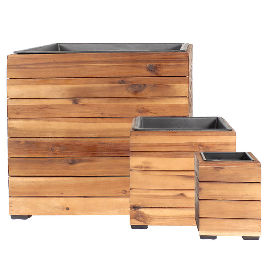 3-Piece Square Wooden Planter Boxes with Plastic Liners
